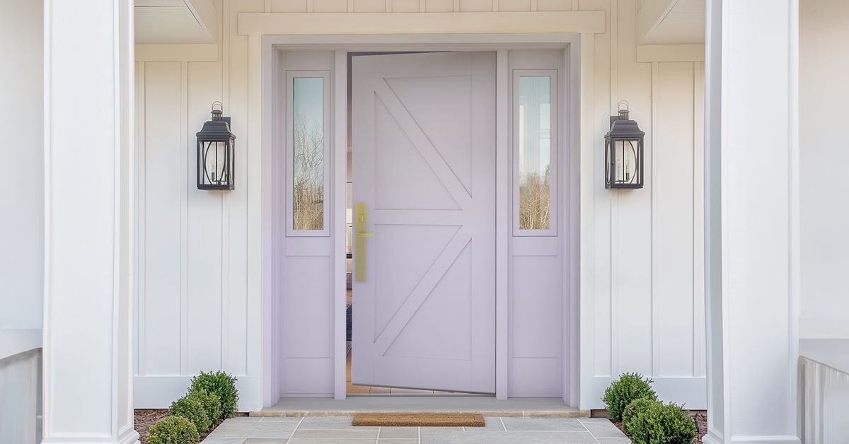 MASTERGRAIN YourStyle Edge Smooth Fiberglass entry door painted in Potentially Purple by Sherwin Williams