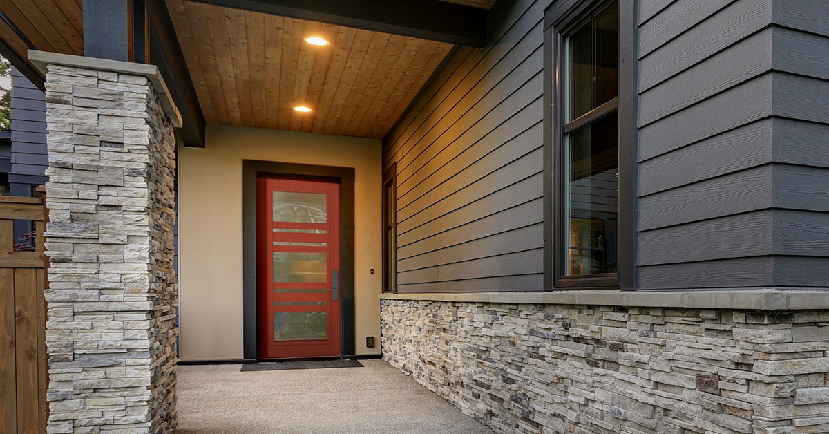 MASTERGRAIN YourStyle Edge Smooth Fiberglass entry door painted in Ruby Red by Sherwin Williams