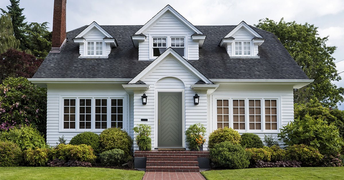 MASTERGRAIN Edge Smooth Contemporary Fiberglass entry door painted in Evergreen Fog by Sherwin Williams