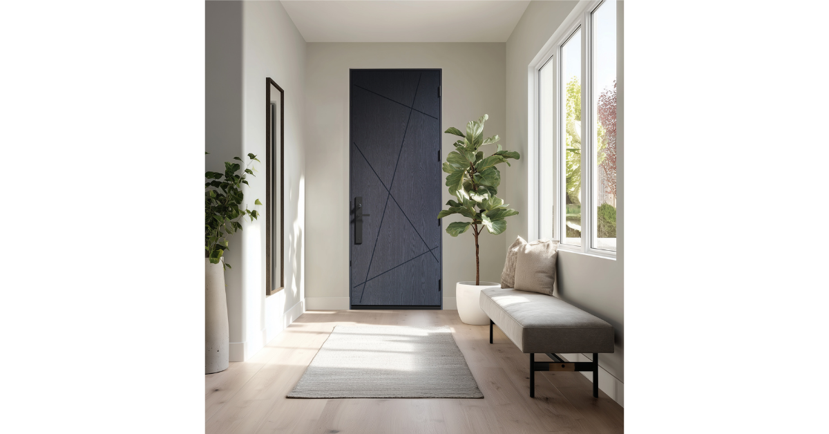 MASTERGRAIN Fiberglass Entry Door | Milo | Cherry Contemporary Engraved in Denim stain Top 3 front door issues homeowners face - and why fiberglass is the answer.