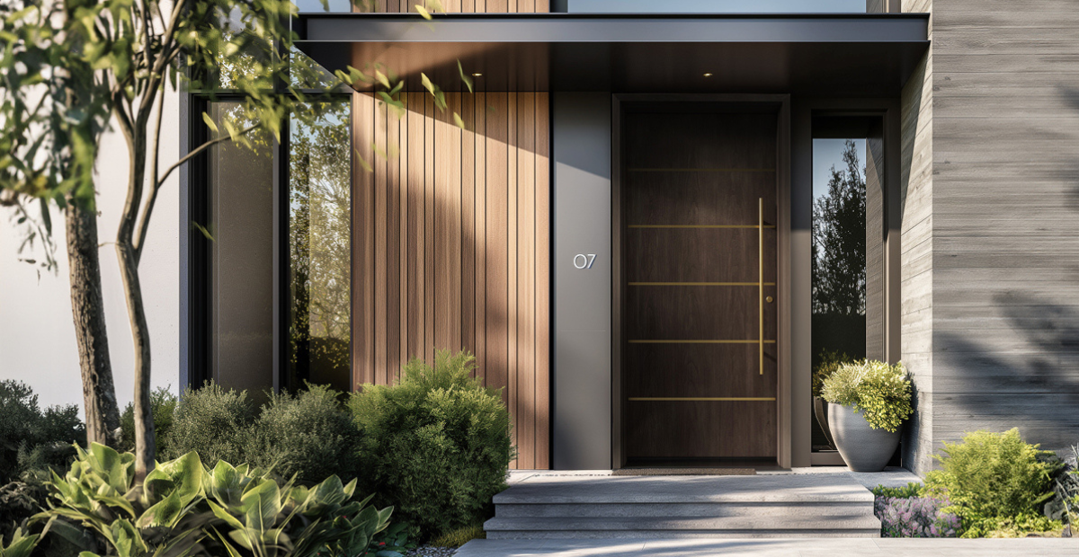 MASTERGRAIN Fiberglass Entry Door, Cherry Contemporary Stainless Inlay, Morgan